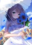  1girl absurdres blue_flower blush braid breasts brown_hair choker cleavage cloud cloudy_sky collarbone commentary_request dappled_sunlight dress falling_petals flower french_braid frilled_dress frills green_eyes highres holding holding_umbrella light_particles medium_breasts original parasol petals sky sleeveless sleeveless_dress smile solo sunflower sunlight tsukimiya_sara umbrella white_choker white_dress 