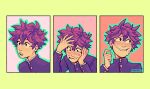  1boy artist_name blush boku_no_hero_academia border commentary english_commentary freckles gakuran green_outline habkart hair_between_eyes hand_up hands_on_own_head highres jacket long_sleeves looking_up male_focus midoriya_izuku multiple_views open_mouth outline pink_background school_uniform short_hair simple_background smile sweat upper_body yellow_border 