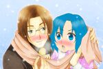  blue_eyes blue_hair blush brown_hair chie_rumiko couple furude_rika glasses higurashi_no_naku_koro_ni houjou_satoko irie_kyousuke light_blush maebara_keiichi non-web_source nose_blush sky snow snowflakes snowing sonozaki_mion sonozaki_shion umineko_no_naku_koro_ni 