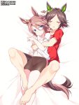  2girls animal_ears barefoot bike_shorts black_shorts blue_eyes brown_hair feet_out_of_frame horse_ears horse_girl horse_tail hug hug_from_behind multiple_girls narita_taishin_(umamusume) red_shirt shigino_sohuzi shirt short_hair shorts sleeping tail umamusume white_shorts winning_ticket_(umamusume) 