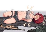  1girl ^_^ arknights bare_legs bare_shoulders bdsm black_shorts bondage bound breasts cleavage closed_eyes commentary_request crop_top cuffs exusiai_(arknights) eyewear_removed glasses gun halo handcuffs hogtie kataokasan lying midriff navel red_hair rifle short_hair short_shorts shorts solo sports_bra stomach tears thigh_strap thighs weapon white_background 