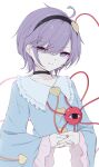  1girl black_choker blue_jacket choker expressionless heart highres jacket komeiji_satori long_sleeves looking_at_viewer mizore_arius own_hands_together purple_eyes purple_hair short_hair simple_background sleeves_past_wrists solo touhou white_background 
