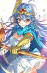  1girl absurdres arm_up blue_cape blue_hair blush breasts cane cape circlet closed_mouth dragon_quest dragon_quest_iii dress elbow_gloves gloves highres holding holding_cane large_breasts long_hair red_eyes rock sage_(dq3) senri_gan smile solo upper_body white_background white_dress 