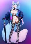  1girl :d ahoge animal_ear_fluff animal_ears ass_visible_through_thighs barbariank blue_background blue_eyes blue_hair breasts cameltoe cleavage commentary cyberpunk english_commentary full_body gradient_background gradient_hair hair_between_eyes hand_on_hilt hand_on_own_hip highres jacket katana large_breasts large_tail light_blush long_hair looking_at_viewer mechanical_arms mechanical_legs multicolored_background multicolored_hair multicolored_tail off_shoulder open_clothes open_jacket open_mouth pelvic_curtain pink_hair planted planted_sword purple_background revision sheath sheathed side_ponytail silvervale simple_background smile solo standing swept_bangs sword tail very_long_hair virtual_youtuber vshojo weapon wolf_ears wolf_girl wolf_tail 