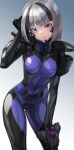  1girl armored_bodysuit black_bodysuit black_hair bodysuit breasts character_request commentary_request covered_navel fortified_suit grey_eyes grey_hair hand_on_own_head hand_on_own_thigh headgear highres impossible_bodysuit impossible_clothes kurione_(zassou) looking_at_viewer multicolored_hair muv-luv purple_bodysuit shiny_clothes short_hair skin_tight small_breasts solo streaked_hair two-tone_bodysuit two-tone_hair 