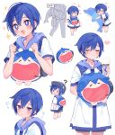  +_+ 1boy 1other backpack bag blue_eyes blue_hair blue_nails flying_sweatdrops food food_on_face highres holding holding_stuffed_toy kaito_(vocaloid) looking_at_viewer mogu_(wy5xrt7w) project_diva_(series) short_hair stuffed_animal stuffed_dolphin stuffed_toy translated vocaloid 