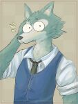  2020 alternate_version_at_source anthro beastars big_eyes blue_clothing blue_topwear blue_vest border canid canine canis checkered_background cheek_tuft clothed clothing constricted_pupils emanata eyebrows facial_tuft front_view half-length_portrait hi_res icon legoshi_(beastars) looking_at_viewer male mammal necktie pattern_background portrait pupils raised_eyebrows rolled_up_sleeves scratching_head simple_background small_pupils solo standing sushioveraura tan_background topwear tuft vest white_dress_shirt wide_eyed wolf 