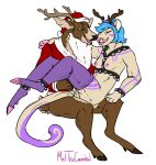  anthro antler_headband antlers areola blue_hair breasts brown_body brown_fur christmas christmas_clothing christmas_headwear clothed clothing costume deer duo eyes_closed female fur green_eyes hair hat headgear headwear hi_res holidays hooves horn legwear male male/female mammal markings melthecannibal new_world_deer nipples on_lap partially_clothed reindeer santa_costume santa_hat signature simple_background sitting sitting_on_another sitting_on_lap tail tongue tongue_out unknown_species white_background 