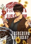  1boy brown_eyes brown_hair character_name dark-skinned_male dark_skin flower guilty_gear guilty_gear_strive highres kusu_(moo1225) long_sleeves looking_to_the_side male_focus muscular muscular_male pectorals short_hair sol_badguy spiked_hair sunflower 