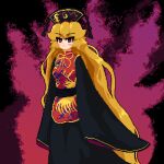  1girl black_dress black_sash blonde_hair chinese_clothes dark_background dress energy_ball fds_ty junko_(touhou) long_hair long_sleeves multiple_tails neck_ribbon phoenix_crown pom_pom_(clothes) red_eyes red_tabard ribbon sash solo standing tabard tail touhou very_long_hair wide_sleeves 