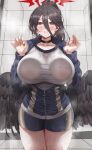  1girl absurdres against_glass black_choker black_hair black_wings blue_archive blue_jacket blue_shorts breasts choker collarbone cowboy_shot feathered_wings gym_shirt gym_shorts hair_between_eyes halo hasumi_(blue_archive) hasumi_(track)_(blue_archive) highres jacket large_breasts long_hair looking_at_viewer low_wings nompang official_alternate_costume open_mouth ponytail red_eyes red_halo shirt shorts solo track_jacket very_long_hair white_shirt wings 