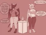  anthro big_breasts breasts bumpywish clothed clothing colored dialogue dragon duo english_text eyes_closed female fertility_idol hi_res pillar red_body speech_bubble standing text thick_thighs wings 