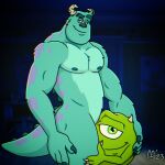  1_eye 2023 blue_body blue_fur claws disney duo fabfelipe fur green_eyes hi_res horn looking_at_viewer male mike_wazowski monster monsters_inc nipples pecs pixar smile smirk sulley 