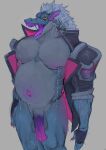  absurd_res anthro balls belly belly_blush big_belly big_moobs big_pecs blue_body blush bodily_fluids body_blush colored_nails drek&#039;ar_(omega_strikers) ear_piercing eye_scar facial_scar fur genitals hi_res humanoid jacket_only lactating male male_lactation moobs mostly_nude multicolored_body multicolored_penis muscular nails nipple_blush pecs penis piercing pregnant pregnant_male scar sightsear solo tongue tongue_out unusual_anatomy unusual_genitalia unusual_penis white_body white_fur wide_hips 