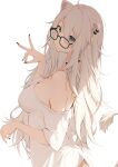  1girl ahoge animal_ears bespectacled black_nails blue_eyes choker ear_piercing glasses grey_hair hair_between_eyes highres hololive light_smile lion_ears lion_girl lion_tail long_hair looking_at_viewer loose_clothes messy_hair momomooq off-shoulder_shirt off_shoulder piercing shirt shishiro_botan simple_background solo tail virtual_youtuber white_background 