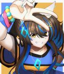  1girl absurdres animal_ears arm_up armpits bead_bracelet beads blue_shirt border bracelet brown_hair clothing_cutout colored_inner_hair commentary_request daitaku_helios_(umamusume) ear_covers facial_tattoo grin hair_ornament hairclip hand_on_own_hip highres horse_ears horse_girl horse_tail janome_de_omukae jewelry looking_at_viewer medium_hair multicolored_hair multicolored_nails nail_polish necklace shirt short_sleeves shoulder_cutout smile solo streaked_hair tail tattoo two-tone_background two-tone_hair two-tone_shirt umamusume v white_border yellow_eyes yellow_shirt 
