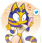  1girl absurdres animal_crossing ankh ankha_(animal_crossing) blue_eyes blush bob_cut body_fur cat_girl cat_tail colored_skin commentary crop_top egyptian_clothes english_commentary furry furry_female hair_ornament hieroglyphics highres madcosmos midriff snake_hair_ornament solo striped_tail tail twitter_logo uraeus usekh_collar yellow_fur yellow_skin 