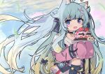  1girl :d ahoge animal_ear_fluff animal_ears aqua_hair blue_eyes blue_sky bow cake cat_ears cat_girl cat_tail choker cloud cloudy_sky cp2980606 day fang food grass hair_flaps highres indie_virtual_youtuber lanmewko long_hair long_sleeves looking_at_viewer navel outdoors skin_fang sky sleeves_past_fingers sleeves_past_wrists smile solo stomach tail tail_bow tail_ornament very_long_hair virtual_youtuber 