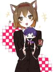  1boy 1girl animal_ears black_gloves black_jacket brown_eyes brown_hair cat_ears collared_shirt gloves hairband jacket kitakawayui lobotomy_corporation long_sleeves looking_at_viewer malkuth_(project_moon) medium_hair mini_person miniboy project_moon purple_hair red_hairband shirt sparkle sparkling_eyes upper_body white_shirt yesod_(project_moon) 