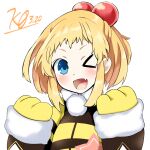  1girl animal_hands blonde_hair blue_eyes blush fang gloves jacket kami_jigen_game_neptune_v kurozero long_sleeves looking_at_viewer neptune_(series) one_eye_closed paw_gloves pish short_eyebrows simple_background sleeves_past_wrists smile solo upper_body white_background yellow_gloves yellow_jacket 