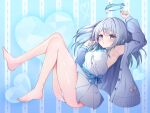  1girl aqua_nails arm_up armpits bare_legs barefoot blue_background blue_bow blue_bowtie blue_eyes blush bow bowtie breasts character_request copyright_request dae_(dog-of-maou) dress eyelashes feet full_body grey_dress grey_hair hair_between_eyes hair_ornament hand_up highres knees_together_feet_apart leaning_back legs long_hair looking_at_viewer medium_breasts nail_polish on_ground panties pleated_dress shiny_skin short_dress sidelocks sitting solo toenail_polish toenails toes underwear white_panties x_hair_ornament 