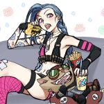  1girl :d arm_tattoo bare_shoulders black_gloves blue_hair body_fur braid breasts brown_fur burger cloud_tattoo couch crossed_legs cup disposable_cup fingerless_gloves flat_chest food food_focus french_fries gloves goggles highres holding holding_food jinx_(league_of_legends) league_of_legends long_hair looking_at_viewer lying navel on_back pink_eyes pink_thighhighs pointy_ears shoulder_tattoo single_thighhigh smile stomach_tattoo tattoo teeth thighhighs twin_braids wosashimi yordle ziggs 