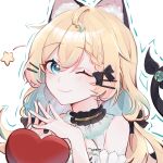  1girl ;) ahoge akio_(preawsuttida) animal_ears blonde_hair blue_eyes blue_nails cat_ears cat_girl cat_tail commentary hair_ornament hairclip heart highres low_twintails millie_parfait multicolored_hair nijisanji nijisanji_en one_eye_closed smile solo streaked_hair symbol-only_commentary tail twintails virtual_youtuber 