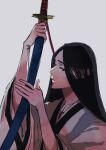  1girl anno_im black_hair black_kimono bleach bleach:_the_thousand-year_blood_war haori highres holding holding_sword holding_weapon japanese_clothes katana kimono long_hair long_sleeves looking_at_viewer scar scar_on_chest simple_background solo sword taichou_haori unohana_retsu weapon white_background white_haori wide_sleeves 