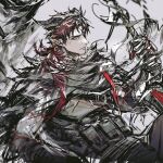  1boy absurdres arknights black_shirt demon_horns eyepatch gloves highres hoederer_(arknights) holding horns jacket long_hair looking_at_viewer male_focus pointy_ears red_eyes red_hair remsrar shirt weapon 