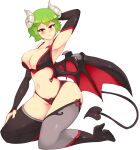  1girl arm_behind_back bat_wings black_gloves black_panties breasts cleavage closed_mouth commentary demon_girl demon_tail english_commentary fingerless_gloves full_body gloves green_hair high_heels kazami_yuuka large_breasts looking_at_viewer panties red_eyes rtil seiza short_hair simple_background sitting solo tail touhou underwear white_background wings 