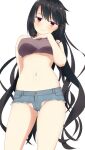  1girl bare_arms black_hair blush breasts closed_mouth colored_eyelashes commentary cowboy_shot denim denim_shorts hair_between_eyes hand_up head_tilt highres hoshikawa_kaguya jitome komatsu_(sakanae) large_breasts long_hair micro_shorts navel partially_visible_vulva red_eyes shorts simple_background smile smug solo standing stomach swept_bangs tenshi_souzou thighs underboob very_long_hair white_background 