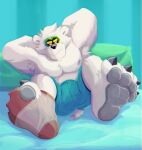  2022 4_toes anthro barefoot bear bed black_claws blue_background bottomwear claws clothed clothing feet foot_fetish foot_focus fur furniture hi_res jozzu looking_at_viewer lying lying_on_bed male mammal navel nipples old_socks on_back on_bed pattern_background paws pecs polar_bear round_ears shorts simple_background smile smiling_at_viewer solo striped_background stripes stroberto teeth toe_claws toes topless topless_anthro topless_male ursine white_body white_fur 