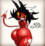  2022 big_butt black_hair breasts butt clothing demon demon_humanoid female hair helluva_boss hi_res horn humanoid imp legwear millie_(helluva_boss) nsfwtheodore open_mouth open_smile red_body simple_background smile solo tail teeth thick_thighs thigh_highs yellow_sclera 