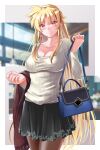  1girl bag black_skirt blonde_hair blush breasts brown_pantyhose brown_scarf cleavage closed_mouth collarbone cowboy_shot fate_testarossa hair_between_eyes handbag highres holding holding_bag holding_clothes holding_scarf large_breasts long_hair long_sleeves looking_at_viewer lyrical_nanoha mahou_shoujo_lyrical_nanoha_strikers miniskirt pantyhose pleated_skirt print_skirt red_eyes ribbed_sweater scarf skirt smile solo sougetsu_izuki standing straight_hair sweater very_long_hair white_sweater 