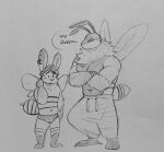  antennae_(anatomy) anthro arthropod bee bottomwear clothed clothing costume duo ear_piercing english_text graphite_(artwork) greyscale hi_res hymenopteran insect lagomorph leporid lewd_bunnie male mammal monochrome muscular muscular_anthro muscular_male navel pants partially_clothed pecs pencil_(artwork) piercing rabbit simple_background sweatpants text topless traditional_media_(artwork) underwear wings 