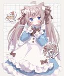  1girl ahoge animal_ear_fluff animal_ears apron blue_dress blue_eyes blush bow brown_bow brown_hair brown_ribbon cake cake_slice cat_ears cat_girl cat_tail closed_mouth collared_dress commentary_request diagonal-striped_bow diagonal-striped_ribbon dress food frilled_apron frilled_dress frills hair_ornament hair_ribbon hairclip hands_up highres long_hair long_sleeves looking_at_viewer nakkar original puffy_long_sleeves puffy_sleeves ribbon sleeves_past_wrists tail translation_request twintails twitter_username very_long_hair white_apron x_hair_ornament 