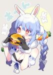  1girl absurdres animal_ear_fluff animal_ears black_gloves blue_hair braid breasts burger carrot carrot_hair_ornament chiyomaru_(yumichiyo0606) cleavage eating extra_ears food food-themed_hair_ornament fur-trimmed_gloves fur_scarf fur_trim gloves hair_ornament highres hololive long_hair multicolored_hair open_mouth orange_eyes rabbit_ears rabbit_girl short_eyebrows solo thick_eyebrows twin_braids twintails two-tone_hair usada_pekora usada_pekora_(1st_costume) virtual_youtuber white_hair 