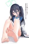  1girl absurdres aris_(blue_archive) bare_legs barefoot black_hair blue_archive blush feet foot_focus greek_toe hair_between_eyes highres long_hair looking_at_viewer lts_kakuyo no_shoes open_mouth pleated_skirt simple_background skirt soles solo toenails toes translation_request 