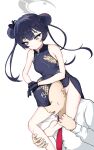  1girl bare_arms bare_legs bare_shoulders black_gloves black_hair blue_archive china_dress chinese_clothes commentary_request dress gloves grey_eyes highres kisaki_(blue_archive) murumuru_(mr_mr_pr_pr) sensei_(blue_archive) shirt textless_version thighs white_shirt 