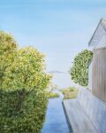  blue_sky building forest highres house island naoy_watercolor nature no_humans ocean original painting_(medium) plant shore sky traditional_media tree water watercolor_(medium) 