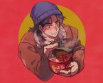  1boy :t beanie black_eyes black_hair black_shirt bomber_jacket brown_jacket chopsticks closed_mouth commentary_request eating food grey_headwear hat highres holding holding_chopsticks holding_food instant_ramen inudori itou_kaiji jacket kaiji long_hair long_sleeves looking_at_food male_focus medium_bangs red_background scar scar_on_cheek scar_on_face scar_on_hand shirt solo steam upper_body 