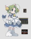  1girl :&lt; animal_hands animal_hat apron atat250 battlefield_1942 bell blue_dress bow cat_hat cat_tail dejiko di_gi_charat dress full_body gloves green_eyes green_hair grey_background hair_bell hair_ornament hands_on_own_hips hat jingle_bell paw_gloves paw_shoes short_hair solo tail tail_bow tail_ornament white_apron white_mittens 