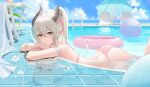  1girl arm_rest ass back ball bikini blue_sky blurry closed_mouth cloud day depth_of_field high_ponytail highres horns innertube long_hair looking_at_viewer lying mole mole_on_neck on_stomach original outdoors pink_bikini ponytail pool qing_wu sky solo swimsuit very_long_hair water white_hair yellow_eyes 