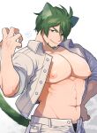  1boy abs animal_ears artist_name bara black_male_underwear cat_boy cat_ears cat_tail closed_mouth facial_hair green_eyes green_hair hand_on_own_hip jacket large_pectorals male_focus male_underwear male_underwear_peek muscular muscular_male navel nipples onnomono open_clothes open_jacket open_pants original pants pectorals short_hair simple_background smile solo tail underwear white_background white_jacket white_pants 