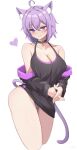  1girl animal_ears black_choker black_sleeves breasts cat_ears cat_girl cat_tail choker cleavage collarbone commentary_request crossed_bangs detached_sleeves hair_between_eyes hashira_14 heart highres hololive large_breasts looking_at_viewer nekomata_okayu panties purple_eyes purple_hair short_hair simple_background solo tail thighs underwear virtual_youtuber white_background white_panties 