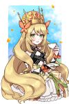  1girl blonde_hair blush bow breasts butterfly_hair_ornament celine_(fire_emblem) choker cleavage cleavage_cutout clothing_cutout crown cup dress dress_bow falling_petals fire_emblem fire_emblem_engage frilled_dress frills gem green_eyes hair_ornament highres holding holding_cup long_hair misato_hao open_mouth petals ribbon small_breasts smile teacup very_long_hair wavy_hair 