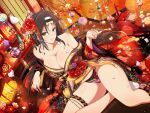  1girl architecture bare_shoulders bauble black_hair box breasts brown_eyes chest_of_drawers chrysanthemum cleavage collarbone drawer east_asian_architecture eyewear_on_head falling_petals floral_print flower folding_screen hair_flower hair_ornament hairband highres holding holding_smoking_pipe japanese_clothes jasmine_(senran_kagura) jewelry kimono lantern large_breasts loaded_interior long_hair looking_at_viewer lying obi official_art on_floor on_side panties petals pink_flower red_flower sash senran_kagura senran_kagura_estival_versus senran_kagura_new_link smile smoking_pipe solo sunglasses tabi tassel thigh_strap underwear white_flower wooden_floor wooden_lantern yaegashi_nan 