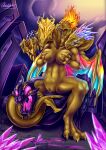  absurd_res animal_humanoid anthro breasts digital_media_(artwork) dragon dragon_humanoid duo female genitals group hi_res horn humanoid lego male male/female ninjago nude ohnowhy open_mouth overlord_(ninjago) pussy scalie signature tail ultimate_golden_dragon western_dragon wings 