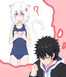  1boy 1girl ? accelerator_(toaru_majutsu_no_index) albino androgynous animal_ears black_hair black_jacket blue_one-piece_swimsuit blush cat_ears cat_tail clenched_hand closed_eyes confused cowboy_shot flat_chest flower gakuran genderswap genderswap_(mtf) hair_flower hair_ornament hands_on_own_chest highres hood hood_down hoodie jacket kamijou_touma kemonomimi_mode long_sleeves medium_hair motion_lines name_tag one-piece_swimsuit pink_background portrait raised_eyebrow red_eyes sanpaku school_swimsuit school_uniform sketch sleeveless smile smkei spiked_hair spoken_question_mark standing suzushina_yuriko swimsuit tail thighs thought_bubble toaru_majutsu_no_index white_hair white_hoodie 