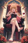  1girl absurdres alcohol armchair barefoot bat_(animal) black_dress blonde_hair bright_pupils chair crossed_legs cup dress drinking_glass ebora fangs feet flower highres indoors legs long_hair looking_at_viewer monogatari_(series) open_mouth oshino_shinobu petite red_flower red_rose rose sitting slit_pupils soles solo teeth toes upper_teeth_only vampire very_long_hair white_pupils wine wine_glass yellow_eyes 